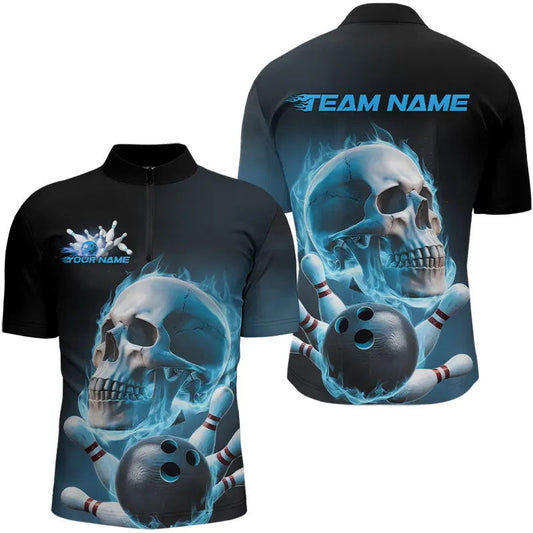 Blue Smoke Flame Custom Skull Bowling Quarter-Zip Shirts For Men, Team Bowling Tournament Uniform IPHW8224