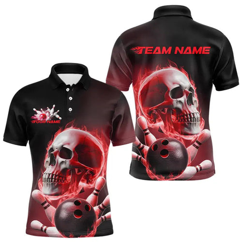 Red Smoke Flame Custom Skull Bowling Polo Shirts For Men, Team Bowling Tournament Uniform IPHW8225