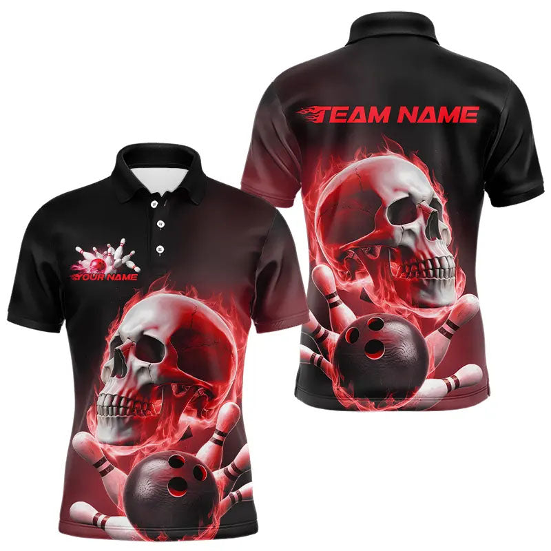 Red Smoke Flame Custom Skull Bowling Polo Shirts For Men, Team Bowling Tournament Uniform IPHW8225