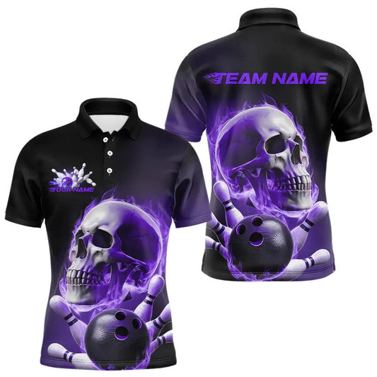 Purple Smoke Flame Custom Skull Bowling Polo Shirts For Men, Team Bowling Tournament Uniform IPHW8226