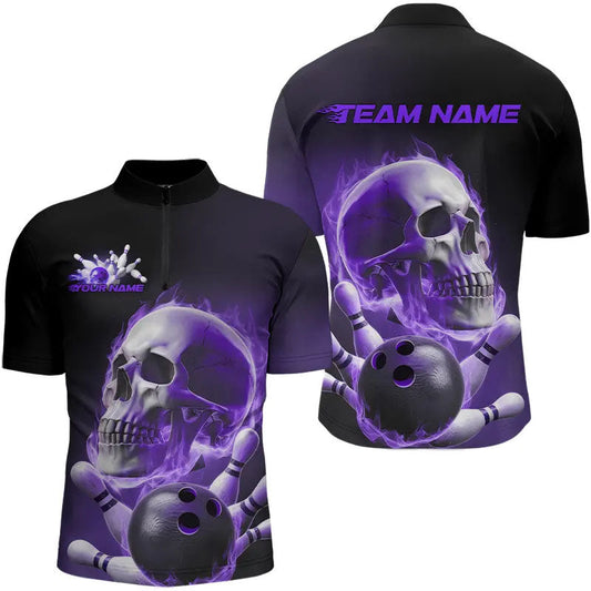Purple Smoke Flame Custom Skull Bowling Quarter-Zip Shirts For Men, Team Bowling Tournament Uniform IPHW8226