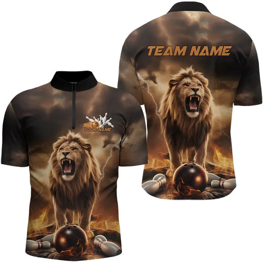 Custom Thunder Lightning Lion Bowling Quarter-Zip Shirts For Men, Flame Bowling Team Shirts IPHW8235