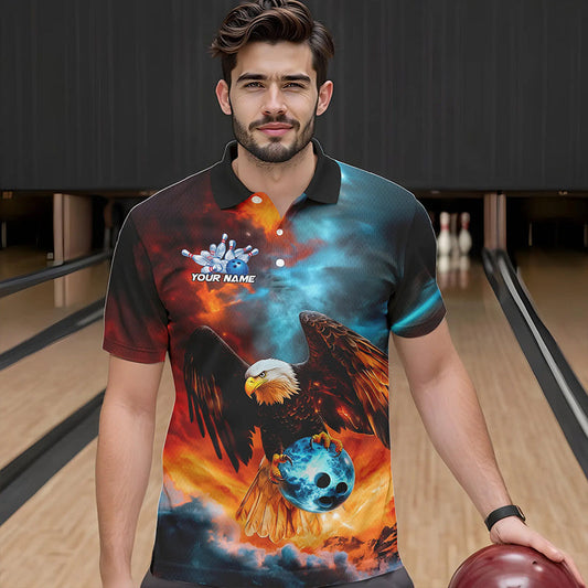 Blue And Orange Custom Flame Eagle Bowling Polo Shirts For Men, Bowling Team Shirt With Name IPHW8449