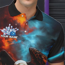 Load image into Gallery viewer, Blue And Orange Custom Flame Eagle Bowling Polo Shirts For Men, Bowling Team Shirt With Name IPHW8449