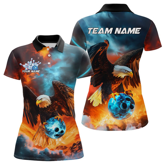 Blue And Orange Custom Flame Eagle Bowling Polo Shirts For Women, Bowling Team Shirt IPHW8449