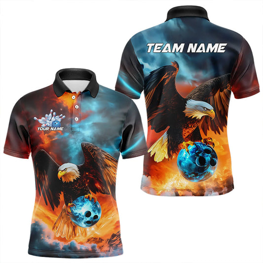 Blue And Orange Custom Flame Eagle Bowling Polo Shirts For Men, Bowling Team Shirt With Name IPHW8449