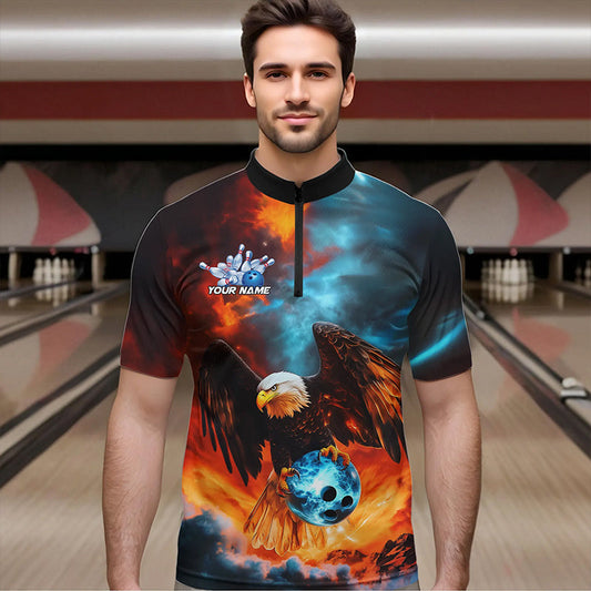 Blue And Orange Custom Flame Eagle Bowling Quarter-Zip Shirts For Men, Bowling Team Shirt With Name IPHW8449