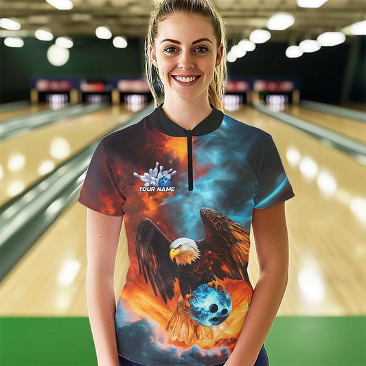 Blue And Orange Custom Flame Eagle Ladies Bowling Quarter-Zip Shirt, Bowling Team Shirt IPHW8449