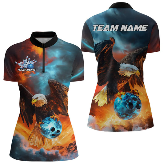 Blue And Orange Custom Flame Eagle Ladies Bowling Quarter-Zip Shirt, Bowling Team Shirt IPHW8449