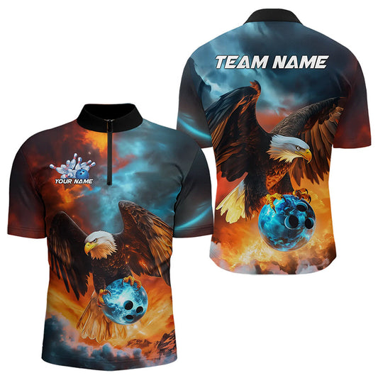Blue And Orange Custom Flame Eagle Bowling Quarter-Zip Shirts For Men, Bowling Team Shirt With Name IPHW8449