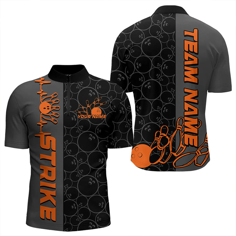 Custom Black And Orange Strike Bowling Quarter-Zip Shirts For Men, Striking Team Bowling Jerseys IPHW8457