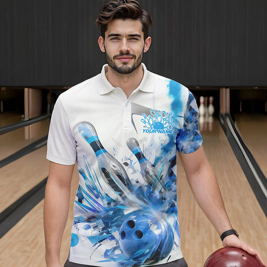 Custom White And Blue Custom Bowling Polo Shirts For Men, Bowling Tournament Team Shirt IPHW8461