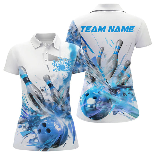 Custom White And Blue Custom Bowling Polo Shirts For Women, Bowling Tournament Team Shirt IPHW8461