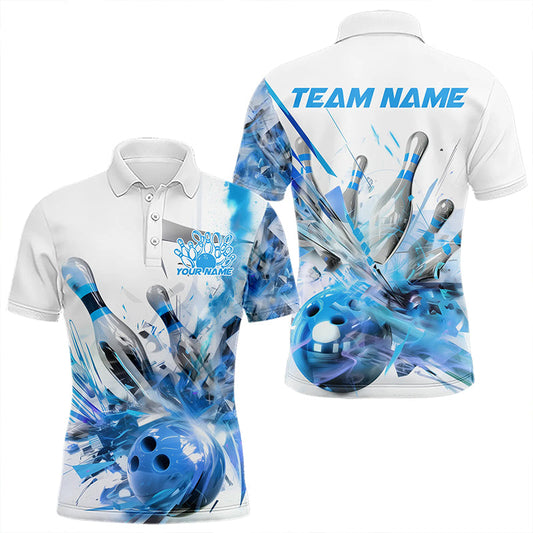 Custom White And Blue Custom Bowling Polo Shirts For Men, Bowling Tournament Team Shirt IPHW8461
