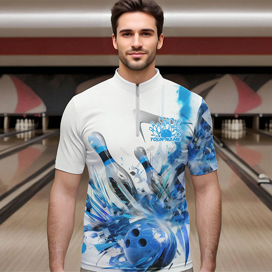 Custom White And Blue Custom Bowling Quarter-Zip Shirts For Men, Bowling Tournament Team Shirt IPHW8461