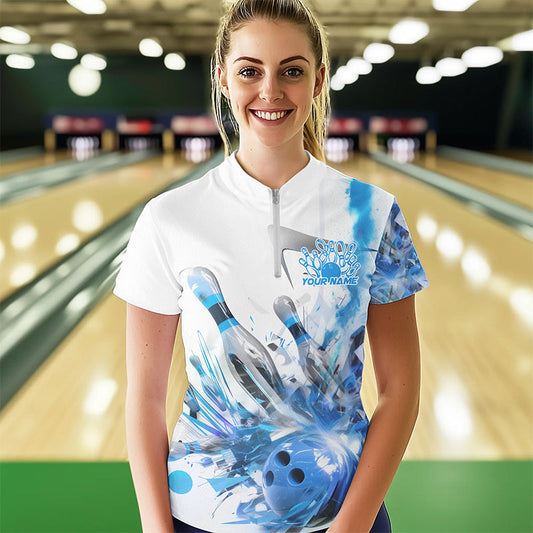 Custom White And Blue Custom Ladies Bowling Quarter-Zip Shirt, Bowling Tournament Shirt IPHW8461
