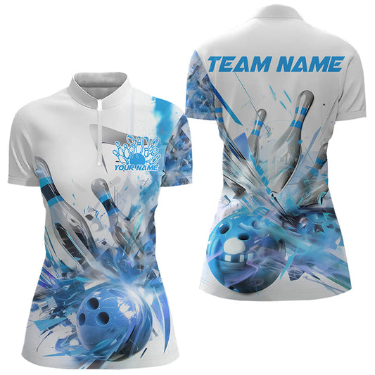 Custom White And Blue Custom Ladies Bowling Quarter-Zip Shirt, Bowling Tournament Shirt IPHW8461