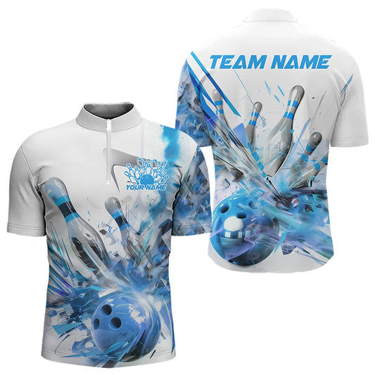 Custom White And Blue Custom Bowling Quarter-Zip Shirts For Men, Bowling Tournament Team Shirt IPHW8461
