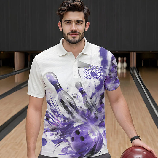 Custom White And Purple Custom Bowling Polo Shirts For Men, Bowling Tournament Team Shirt IPHW8462