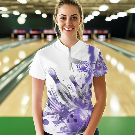 Custom White And Purple Custom Ladies Bowling Quarter-Zip Shirt, Bowling Tournament Shirt IPHW8462