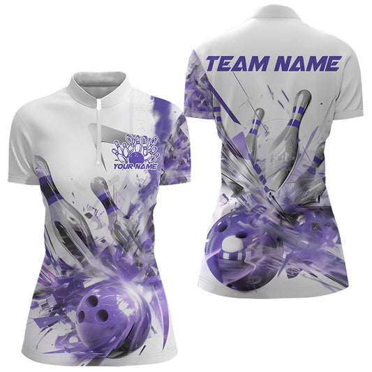 Custom White And Purple Custom Ladies Bowling Quarter-Zip Shirt, Bowling Tournament Shirt IPHW8462