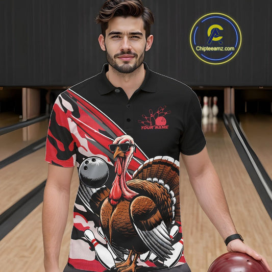 Custom Red Camo Funny Turkey Bowling Team Shirt For Men, Turkey Bowling Jerseys IPHW10550