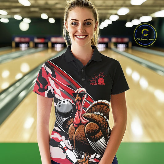 Custom Red Camo Funny Turkey Bowling Team Shirt For Women, Turkey Bowling Jerseys IPHW10550