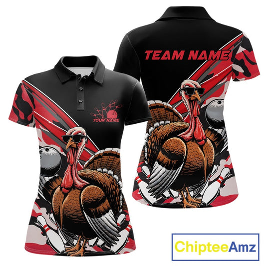 Custom Red Camo Funny Turkey Bowling Team Shirt For Women, Turkey Bowling Jerseys IPHW10550