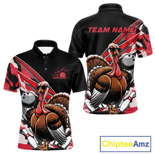 Custom Red Camo Funny Turkey Bowling Team Shirt For Men, Turkey Bowling Jerseys IPHW10550