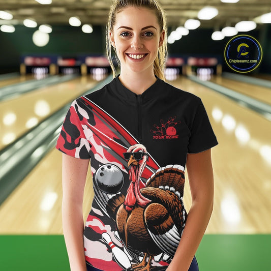 Custom Red Camo Funny Turkey Bowling Team Shirt For Women, Turkey Bowling Jerseys IPHW10550