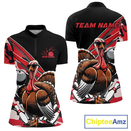 Custom Red Camo Funny Turkey Bowling Team Shirt For Women, Turkey Bowling Jerseys IPHW10550