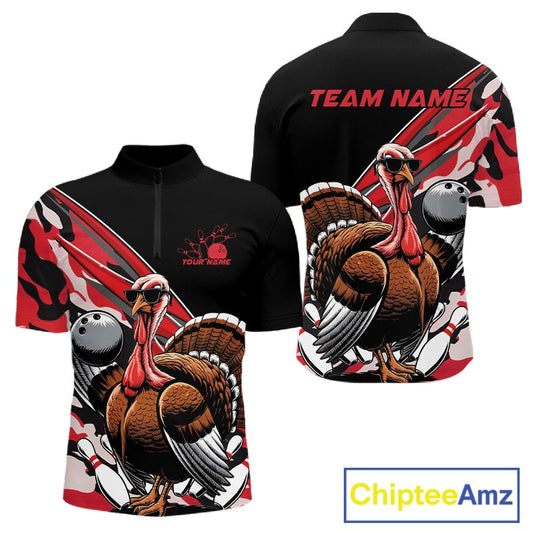 Custom Red Camo Funny Turkey Bowling Team Shirt For Men, Turkey Bowling Jerseys IPHW10550