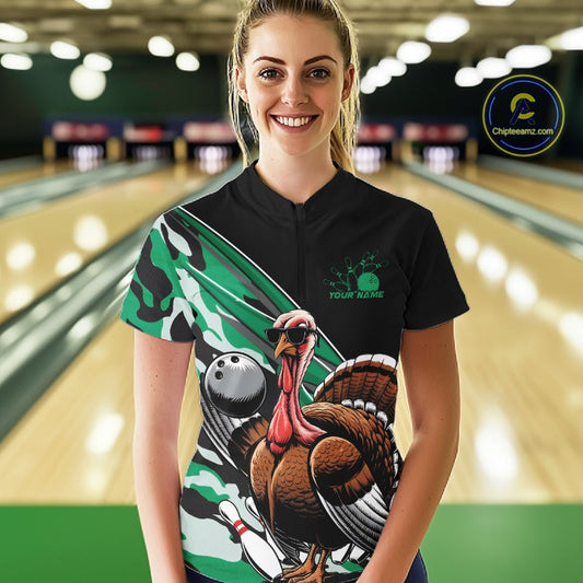 Custom Green Camo Funny Turkey Bowling Team Shirt For Women, Turkey Bowling Jerseys IPHW10551