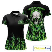 Load image into Gallery viewer, Custom Green Flame Skull Bowling Team Shirts For Women, Halloween Bowling Jerseys IPHW10552