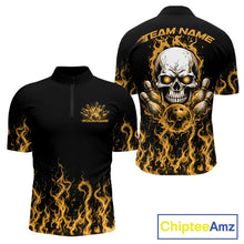 Load image into Gallery viewer, Custom Yellow Flame Skull Bowling Team Shirts For Men, Halloween Bowling Jerseys IPHW10554