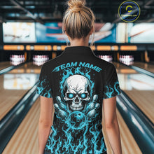Load image into Gallery viewer, Custom Blue Flame Skull Bowling Team Shirts For Women, Halloween Bowling Jerseys IPHW10555