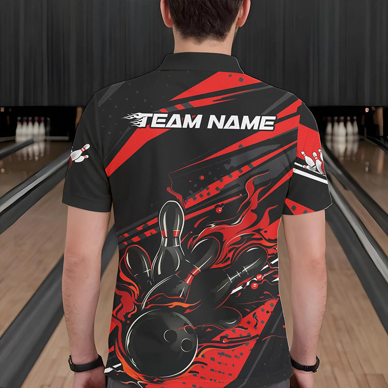 Custom Black And Red Flame Men Bowling Polo Shirts, Fire Bowling Ball Bowling Team Shirt IPHW8697