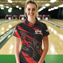 Load image into Gallery viewer, Custom Black And Red Flame Women Bowling Polo Shirts, Fire Bowling Ball Bowling Team Shirt IPHW8697