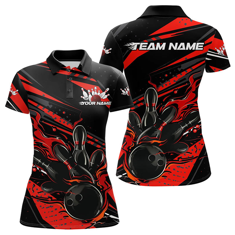Custom Black And Red Flame Women Bowling Polo Shirts, Fire Bowling Ball Bowling Team Shirt IPHW8697