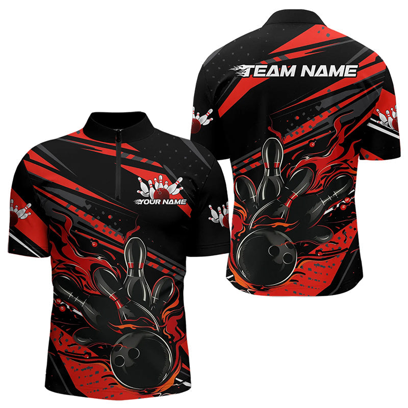 Custom Black And Red Flame Men Bowling Quarter-Zip Shirts, Fire Bowling Ball Bowling Team Shirt IPHW8697