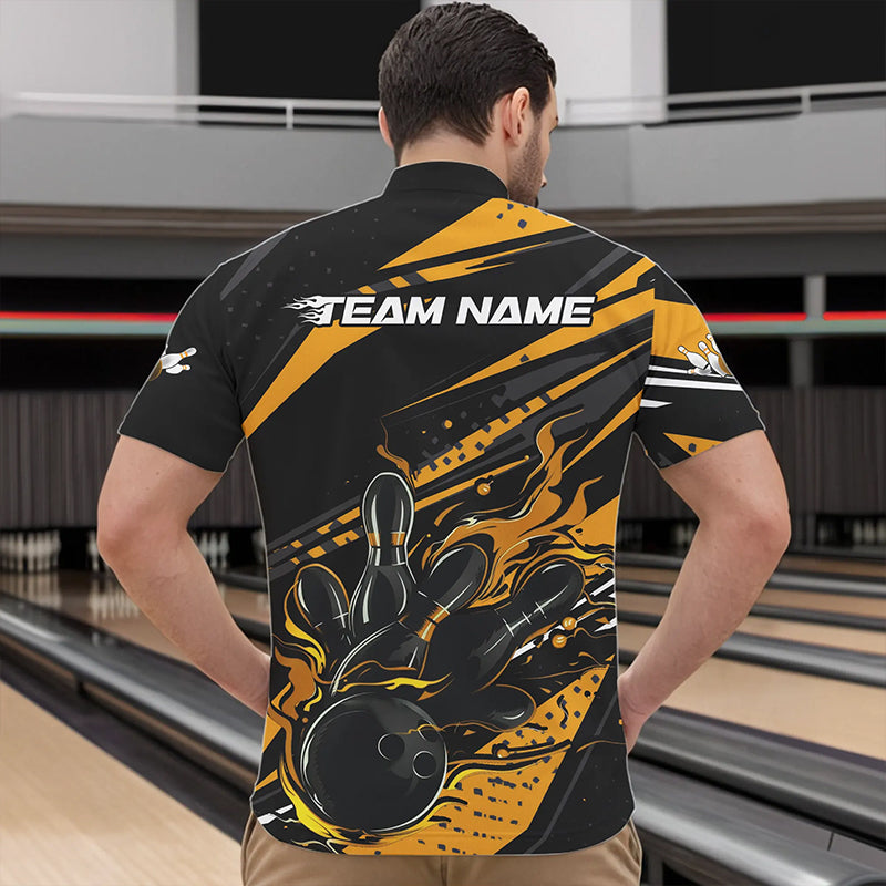 Custom Black And Gold Flame Men Bowling Quarter-Zip Shirts, Fire Bowling Ball Bowling Team Shirt IPHW8698