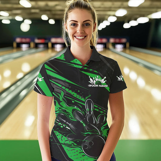 Custom Black And Green Flame Women Bowling Polo Shirt, Fire Bowling Ball Bowling Team Shirt IPHW8699