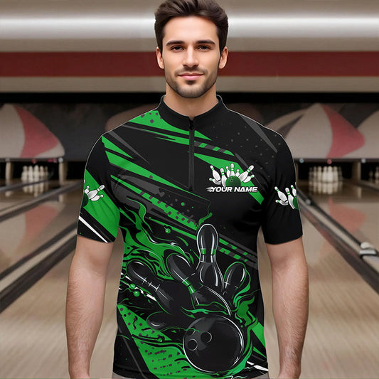 Custom Black And Green Flame Men Bowling Quarter-Zip Shirts, Fire Bowling Ball Bowling Team Shirt IPHW8699