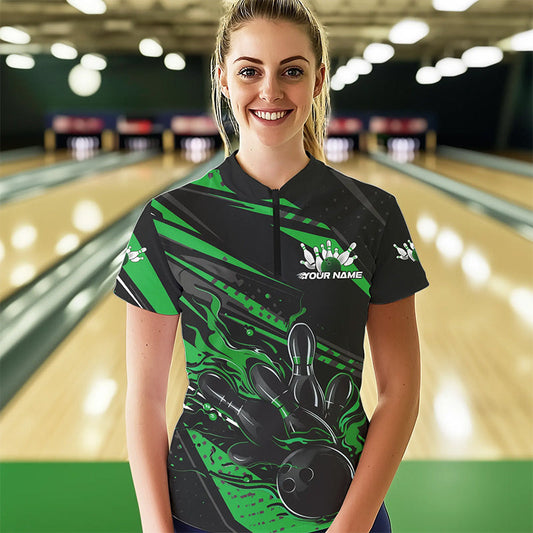 Custom Black And Green Flame Women Bowling Quarter-Zip Shirts, Fire Bowling Ball Team Shirt IPHW8699