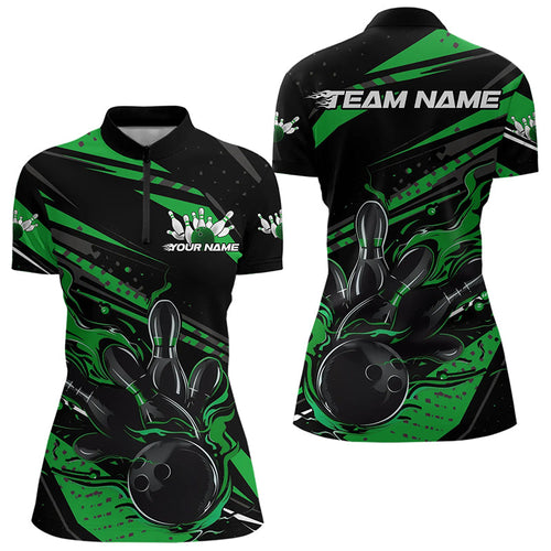 Custom Black And Green Flame Women Bowling Quarter-Zip Shirts, Fire Bowling Ball Team Shirt IPHW8699
