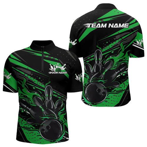 Custom Black And Green Flame Men Bowling Quarter-Zip Shirts, Fire Bowling Ball Bowling Team Shirt IPHW8699