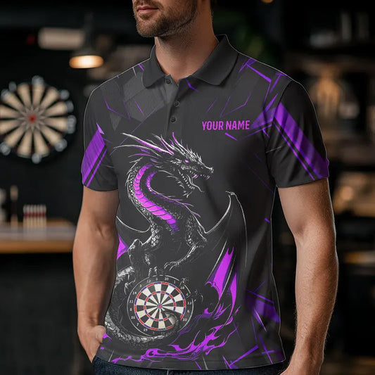 Custom Black And Purple Dragon Dart Polo Shirts For Men, Dart Jerseys Dart Tournament Shirt IPHW8708