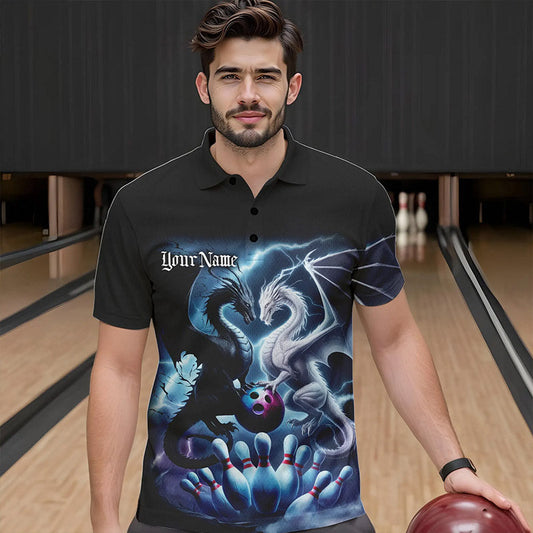 Custom Blue Lightning Black And White Dragons Bowling Polo Shirts For Men Bowlers Outfit IPHW8957