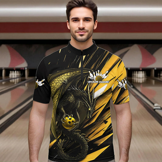 Black And Yellow Custom Dragon Bowling Team Quarter-Zip Shirts For Men, Bowling League Shirt IPHW8967