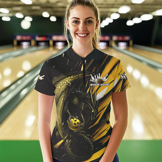 Black And Yellow Custom Dragon Bowling Team Women Quarter-Zip Shirt, Bowling League Shirt IPHW8967